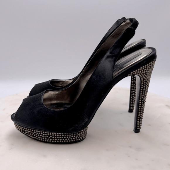 BCBGMAXAZRIA Falcon Black Satin Rhinestone Heels 8.5 Peep Toe Holiday Party - Picture 13 of 13
